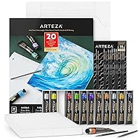 Arteza Metallic Acrylic Painting Art Set, 12 Colors Acrylic Paint, 15 Detail Brushes and 7x8.6 Inches Foldable Canvas Paper Pad Bundle, Art Supplies for Artists & Hobby Painters