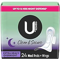 U by Kotex Clean & Secure Overnight Maxi Pads with Wings, Extra Heavy Absorbency, 24 Count (2 Packs of 12) (Packaging May Vary)