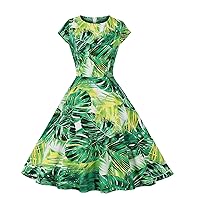 Women's Vintage Tea Dress Floral Print A-Line Pleated Prom Evening Dress Swing Cocktail Party Dress with Cap-Sleeves