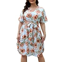 Nemidor Womens Casual Plus Size Summer Boho Floral Print Swing Midi Dress with Pockets NEM306