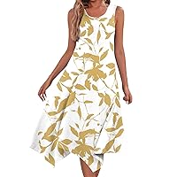 Summer Dress Casual Dresses for Women Summer Floral Print Bohemian Flowy Swing with Sleeveless Round Neck Tunic Dress Yellow Large