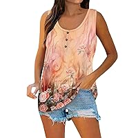 Womens Summer Tank Tops Plus Size Sleeveless Henley T-Shirts Button Down Tunic Shirt Retro Print Blouse Graphic Tee