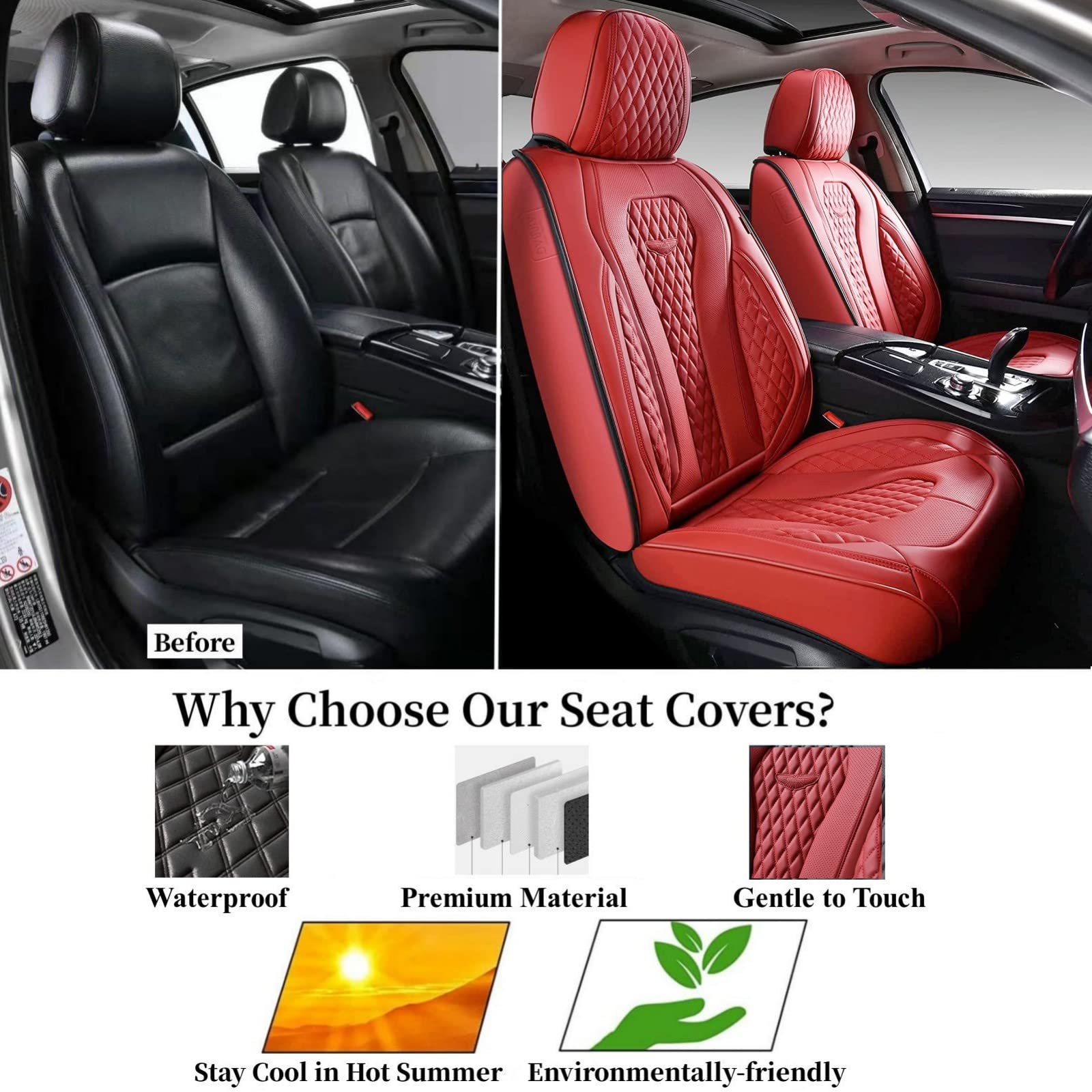 Coverado Seat Covers Full Set, 5 Seats Universal Seat Covers for Cars, Waterproof Luxury Leatherette Seat Cushions, Front and Rear Seat Protectors, Auto Seat Covers Fit for Most Vehicles Red