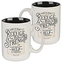 Christian Art Gifts Ceramic Large, 14 oz. Men's & Women's Coffee & Tea Mug w/Encouraging Scripture: Refuge & Strength - Psalm 46:1 Lead-free Inspirational Mug w/Gold Accents, White/Black