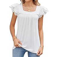 Leezeshaw Square Neck Loose Fit Shirts for Women Trendy Summer Lace Cap Sleeve Ladies Tee Blouses Pleated Tunic Top