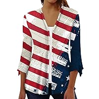 Women's American Flag Shirts 4th of July Cardigan 2024 Fashion Lighweight Kimonos 3/4 Length Sleeve Tops Outerwear