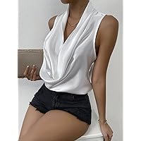 Solid Draped Collar Satin Blouse (Color : White, Size : Small)