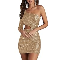 Fair Lady One Shoulder Homecoming Dress Short 2024 Sparkly Sequin Long Sleeves Prom Dresses for Women
