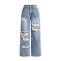 SHENHE Girl's Wide Leg Jeans Distressed Baggy Jeans Casual Loose Fit Ripped Denim Pants