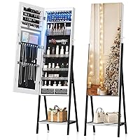 Mirror Jewelry Cabinet Standing with LED Lights, Full Length Mirror with Storage Lockable Makeup Jewelry Armoire with 2 Drawers Large Storage Capacity for Cosmetic (White)