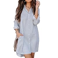 Women's Button Up Shirt Dress Casual Oversized Long Sleeve Button Up Long Shirt with Pockets Blouse Tops
