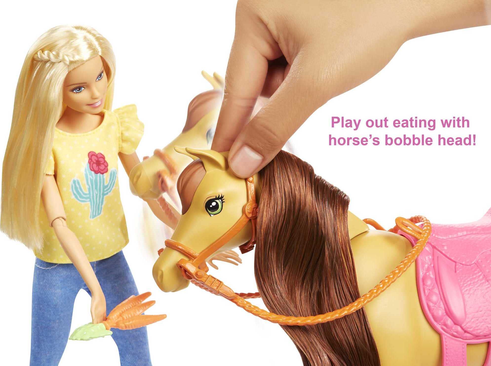Barbie Playset with Barbie and Chelsea Blonde Dolls, 2 Horses with Bobbling Heads and 15+ Toy Accessories that Include Corral Fencing, Feeding, Grooming, Nurturing and Horseback Riding Pieces