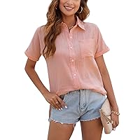 Women's Button Down Shirts Cotton Linen Blouse Short Sleeve Summer V Neck Basic Tops