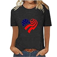 American Flag Heart Print Shirt Women Patriotic T-Shirt 4th of July Cute Graphic Tee Tops USA Flag Star Stripe Tops