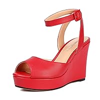 Womens Open Toe Solid Ankle Strap Fashion Open Toe Party Matte Buckle Wedge High Heel Platforms Sandals 4 Inch