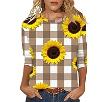 Sunflower Shirt for Women Casual 3/4 Length Sleeve Womens Tops Trendy Elegant Crewneck Fall T Shirt Bee Festival Party Outfit