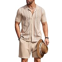 COOFANDY Men's 2 Piece Outfit Vintage Short Sleeve Button Down Knit Polo Shirts Casual Beach Shorts Sets
