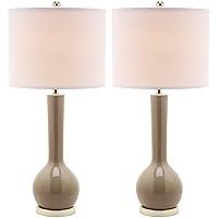 SAFAVIEH Lighting Collection Mae Long Neck Modern Contemporary Taupe Ceramic 31-inch Bedroom Living Room Home Office Desk Nightstand Table Lamp Set of 2 (LED Bulbs Included)