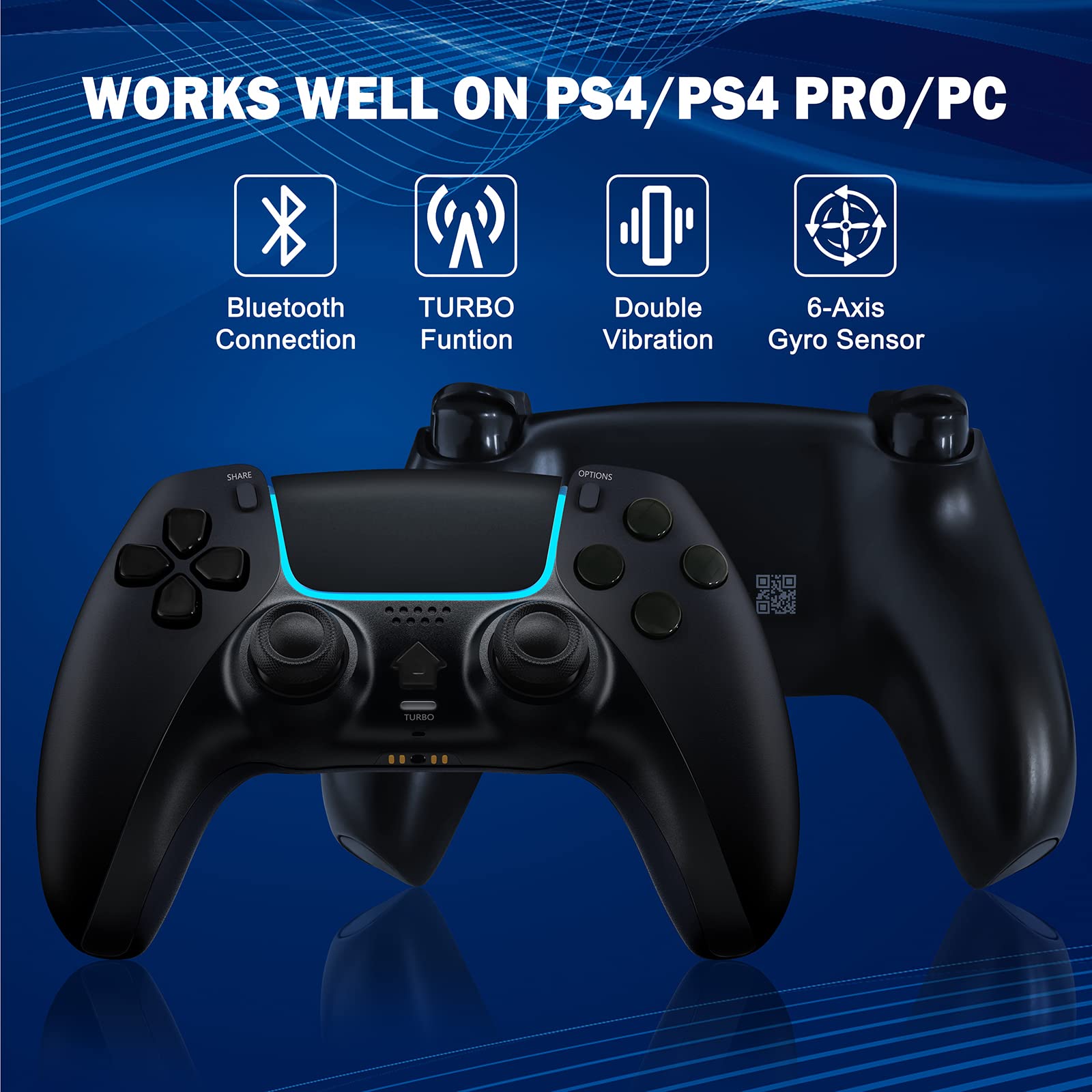 Honghao Wireless PS4 Controller Dualsensed Vibration Shock 4, Remote Analog Sticks Controller with Turbo Function and 6-Gyro Motion Sensor, Gamepad PS4 Controller Compatible with Pro/Slim (Black)