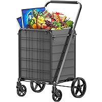 [2024 Upgrade] Shopping Cart for Groceries, 280 lbs Heavy Duty Large Grocery Cart with 360° Swivel Wheels, Waterproof Liner, Portable Foldable Utility Carts for Seniors,Laundry,Transport (Black)