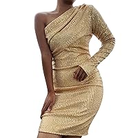 Sequin Dress for Women Party Night Cocktail,One Shoulder Long Sleeve Sequin Sparkle Ruched Evening Gown Midi Dresses