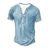 Mens Distressed Washed Henley Shirts Vintage Short Sleeve Lightweight Tee Shirts Summer Casual Button Down T-Shirts