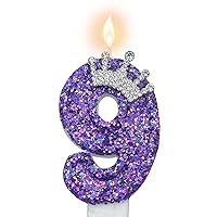 Purple Number 9 Candle for Girl Birthday Party Decorations, Girl 9th Birthday Party Decorations Supplies, 3D Crown Designed Purple Number Candles for Birthday Cake Topper Decorations