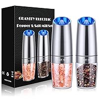 Gravity Electric Pepper and Salt Grinder Set, Salt and Pepper Mill & Adjustable Coarseness, Battery Powered with LED Light, One Hand Automatic Operation, Stainless Steel (Set/Silver)