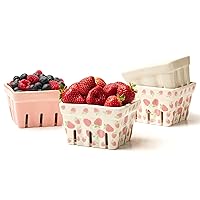 Farmhouse Ceramic Berry Basket, Colander, Strawberry Decor, Fruit Bowls/Baskets, Kawaii Kitchen bowl, Pink White and Cute Strawberry pattern Stoneware Harvest Square Bowls Set of 4
