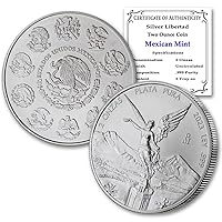 2023 2 oz Mexican Silver Libertad Coin Brilliant Uncirculated with Certificate of Authenticity - Moneda de Plata Pura de Ley 2 Onzas BU
