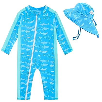 UNIFACO Baby Boy Swimsuit UPF 50+ Sun Protection One Piece Zip Bathing Suit with Sun Hat Infant Sunsuit Swimwear