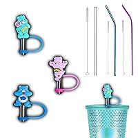 Care Bear Drink Straw Pencil Tip Toppers With Free Reusable Cute Straws & Brush, Multicolor Silicone Cover Plug Cap Lid Made For Starbucks Stanley Tumbler Cup Gift Dust Spill Proof Protector Charm 8mm