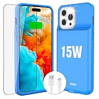 15W Fast Charging Case for iPhone 15 Pro Max/15 Plus,Real 8000mAh Smart Battery Charger Case with TPU Anti-Slip Design and Anti-Abrasion Flocking for iPhone 15 Pro Max/15 Plus-6.7inch Blue