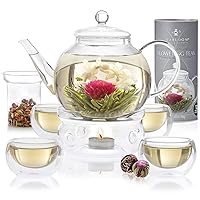 Teabloom Complete Tea Set – Glass Teapot (40 oz), Loose Tea Glass Infuser, 4 Insulated Glass Teacups, Tea Warmer, and 12 Flowering Teas – Elegant Blooming Tea Gift Set