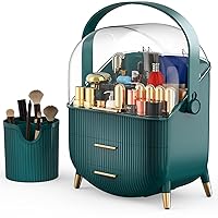 Makeup Organizers and Storage with Makeup Brush Holder for Bathroom Vanity Countertop, Portable Cosmetic Display Cases with Handle and Drawers, Gift for Women and Girls -Green