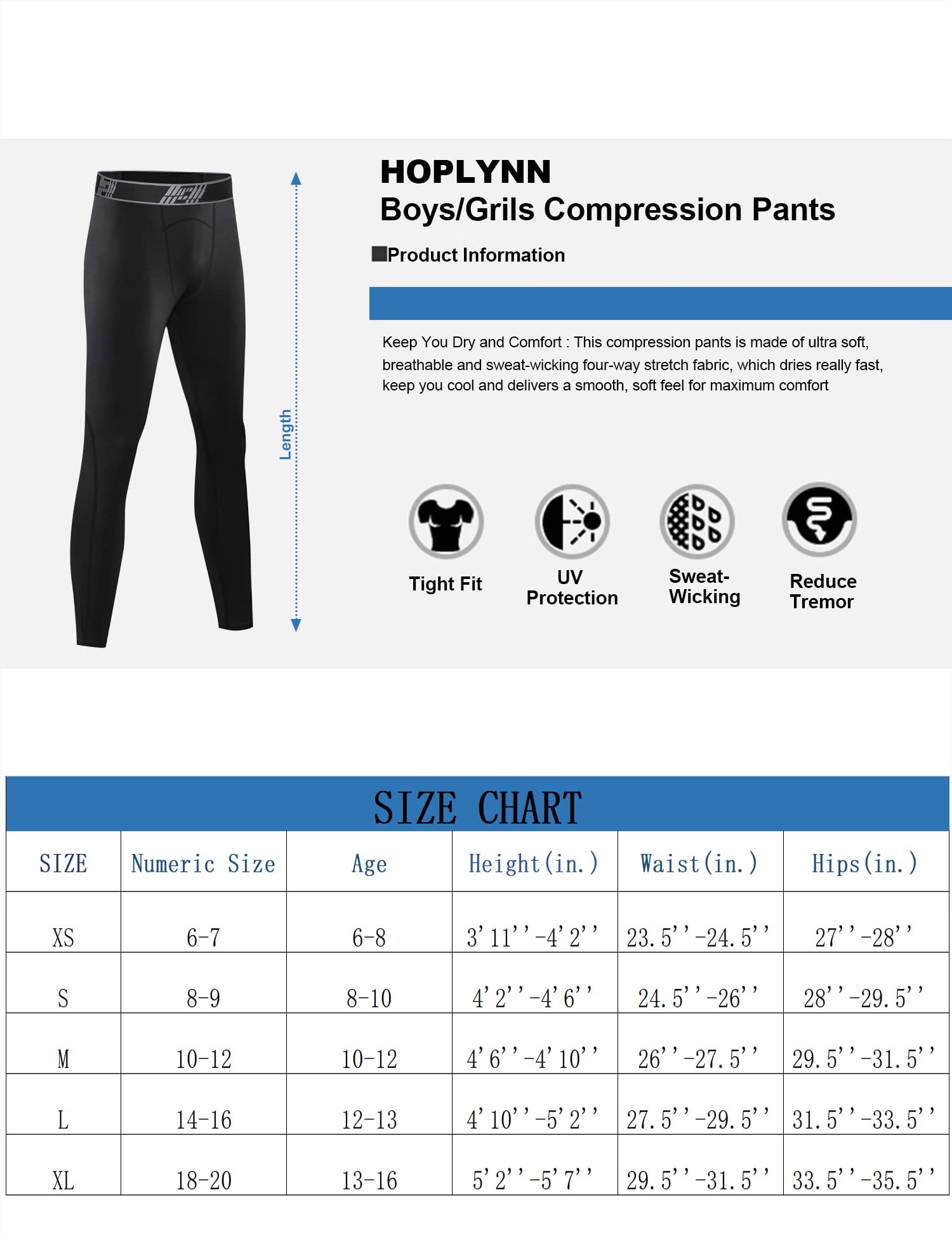 HOPLYNN 4 Pack Youth Boy’s Compression Pants Leggings Tights Athletic Base Layer Under Pants Gear for Football Sports
