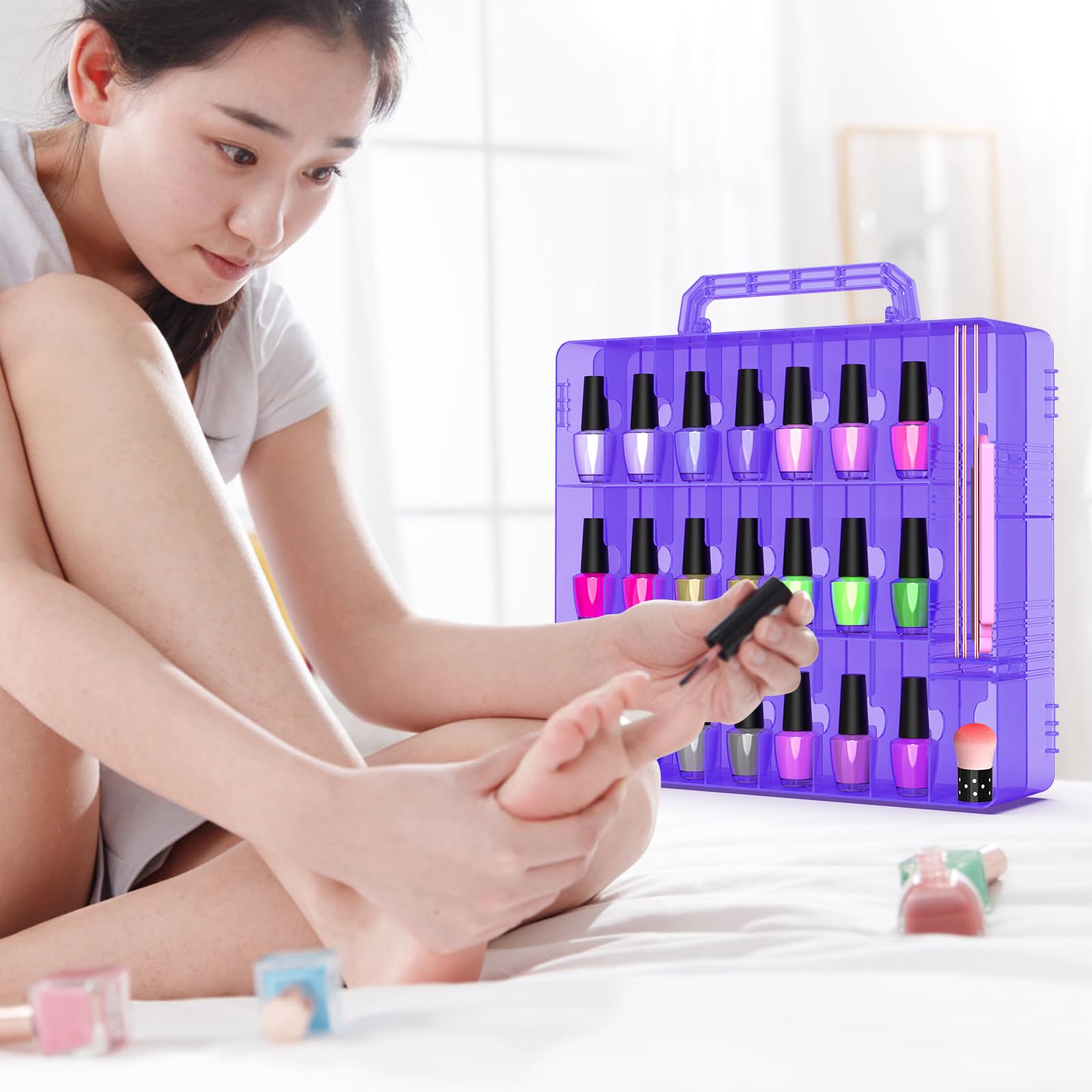 Beloving 2pcs Nail Polish Organizer, Portable 48 Bottles Clear Nail Polish Holder with Adjustable Divider, Gel Nail Polish Storage Double Side Nail Polish Organizer Case for Nail Tech Purple