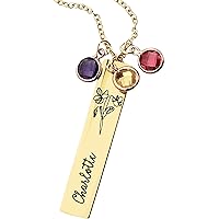 MignonandMignon Flower Birthstone Gold Name Graduation Necklace 2021 Personalized Gift for Her Bar Necklace Mothers Day Gift Floral Jewelry Personalized Jewelry - 8N-FLBS-G
