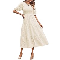 Women's 2024 Summer Puff Sleeve Smocked Floral Dress Crewneck Lace Flowy Tiered Midi Dresses