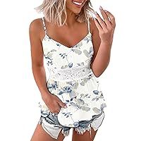 Summer Tops for Women Ruffle Tiered Off Shoulder Tank Tops Lace Hollow Out Summer V Neck Spaghetti Strap Tshirts