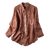 Women Cotton Linen Boho Floral Button Down Blouses Summer Fashion Long Sleeve Lapel Shirts with Pockets