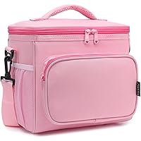FlowFly Insulated Reusable Lunch Bag Adult Large Lunch Box for Women and Men with Adjustable Shoulder Strap,Front Zipper Pocket and Dual Large Mesh Side Pockets,Pink