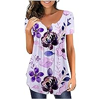Women Plus Size Floral Blouses Henley V Neck Button Up Tunic Tops Ruffle Flowy Short Sleeve T-Shirt Hide Belly Shirt