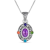 Western Jewelry Southwest Style Oval Cabochon Multicolor Natural Purple Turquoise Gemstone Medallion Pendant Necklace For Women Oxidized .925 Sterling Silver