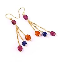Beautiful Pink Ruby & Quartz Gemstone Earring Sapphire Dangle Earring In Sterling Silver Over Gold Plated jewelry-beautiful Earring For Women