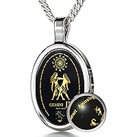 Gemini Necklace Zodiac Pendant for Birthdays 21st May to 21st June with Star Sign Constellation and Personality Characteristics Inscribed in 24k Gold on Oval Black Onyx Gemstone, 18
