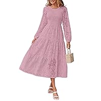 MEROKEETY Womens 2024 Long Sleeve Smocked Dress Crewneck Floral Textured Flowy Tiered Midi Dresses