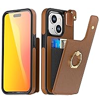 AICase Card Holder Case Compatible with iPhone 15, Compatible with iPhone 15 Wallet Phone Case Leather Protective Cover for Women with Ring Kickstand and 8 Credit Card Slots, Brown