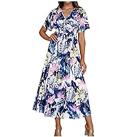 Women Tropical Flower Waist-Defined Casual A-Line Dress Lace-Up Back Short Sleeve V Neck Tiered Ruffle Beach Dress