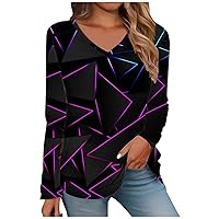 Basic T Shirts for Women V Neck Long Sleeve Casual Summer Tops Fashion Irregular Geometric Print Loose Fit Tunic Shirt